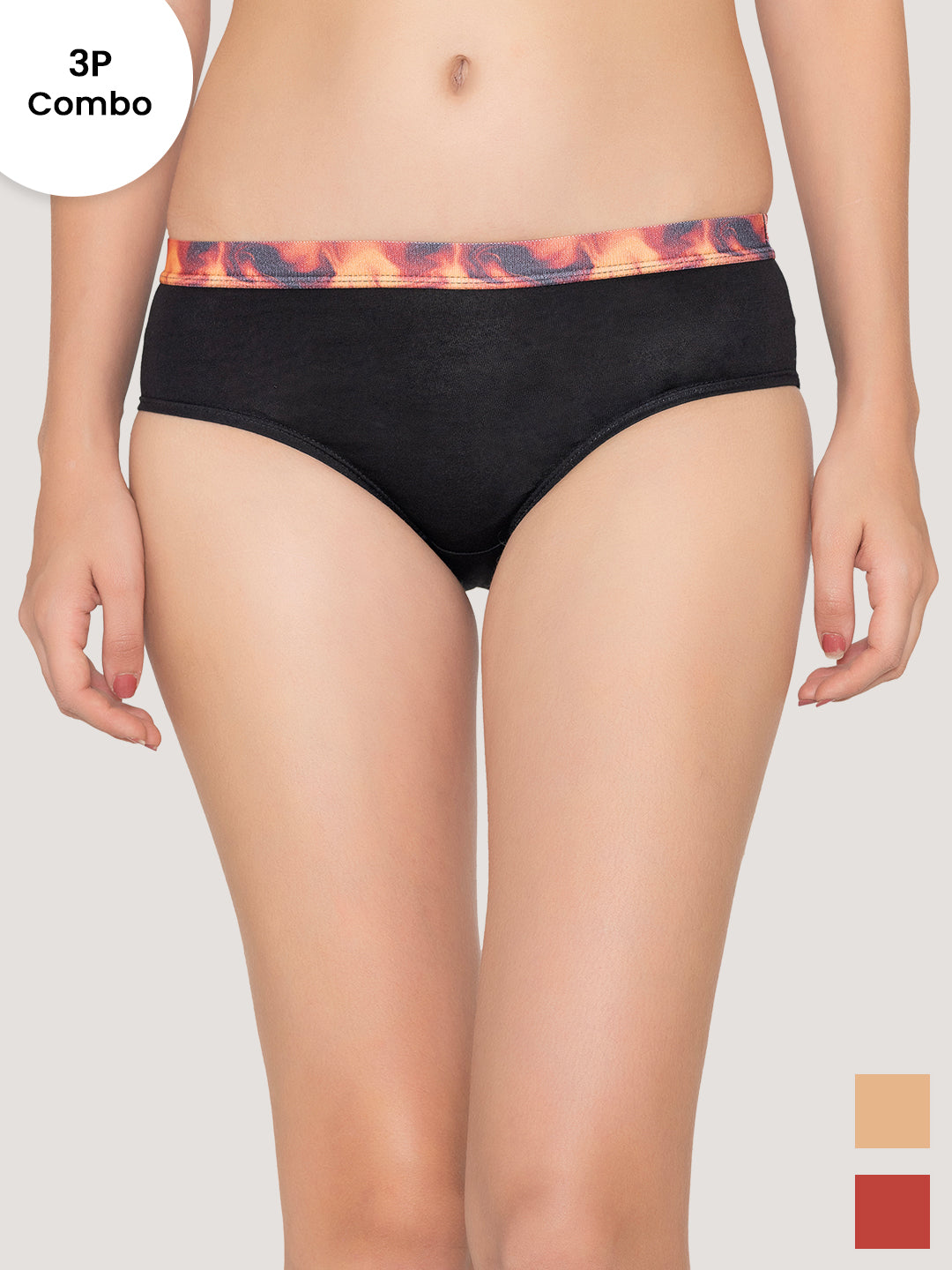 Berry Low Waist Printed Panties | Pack of 3-BLACK NUDE ORANGE RUST