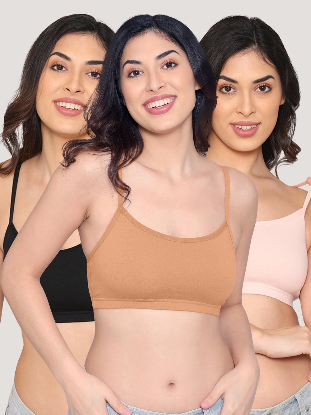 Mia Full Coverage Cotton Beginners Bra | Pack of 3-BLACK NUDE P.PEACH