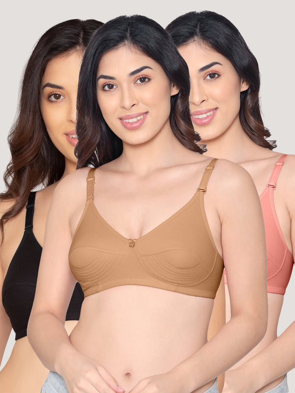 Pranika Non Padded Seamed Everyday Bra | Pack of 3-BLACK NUDE ROSE