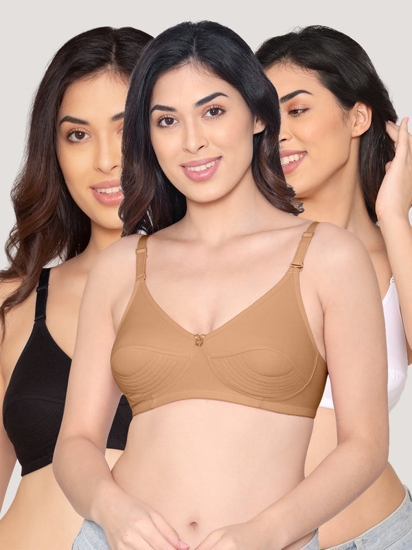 Pranika Non Padded Seamed Everyday Bra | Pack of 3-BLACK NUDE WHITE