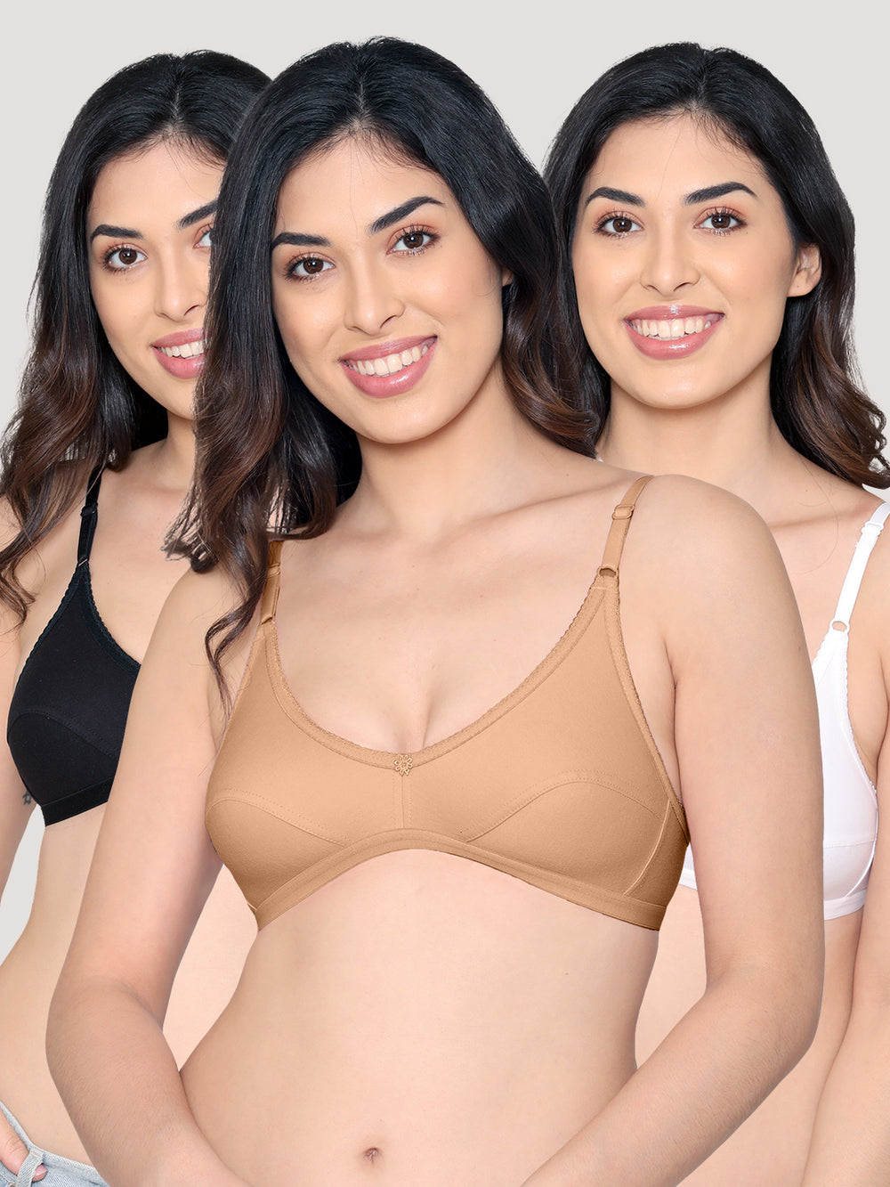 Vidhi Seamed Non-Padded Everyday Bra | Pack of 3-BLACK NUDE WHITE