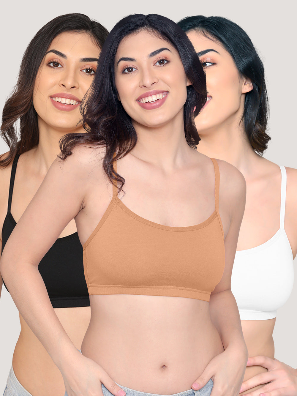 Mia Full Coverage Cotton Beginners Bra | Pack of 3-BLACK NUDE WHITE