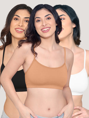 Mia Full Coverage Cotton Beginners Bra | Pack of 3-BLACK NUDE WHITE