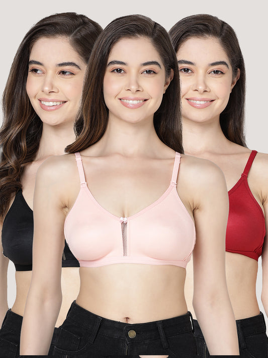 Gloria Full Coverage Double Layered Cups Everyday Bra | Pack of 3-BLACK PEACH MAROON