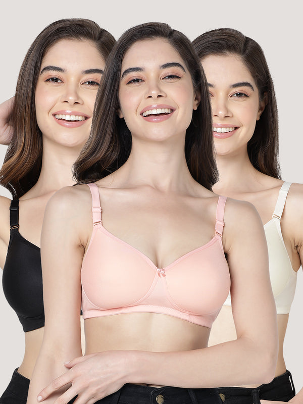 Cherry Full Coverage Lightly Padded Everyday Bra | Pack of 3-BLACK PEACH SKIN