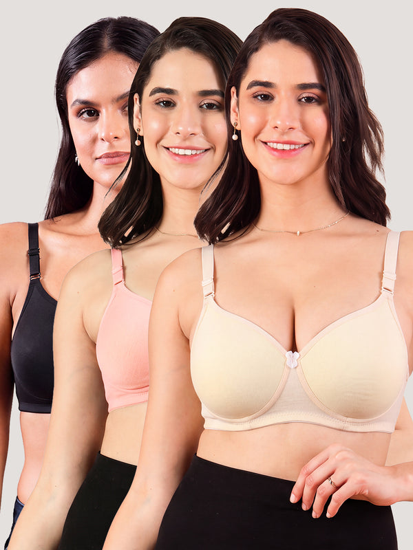 Cherry Full Coverage Lightly Padded Everyday Bra | Pack of 3-BLACK PEACH SKIN