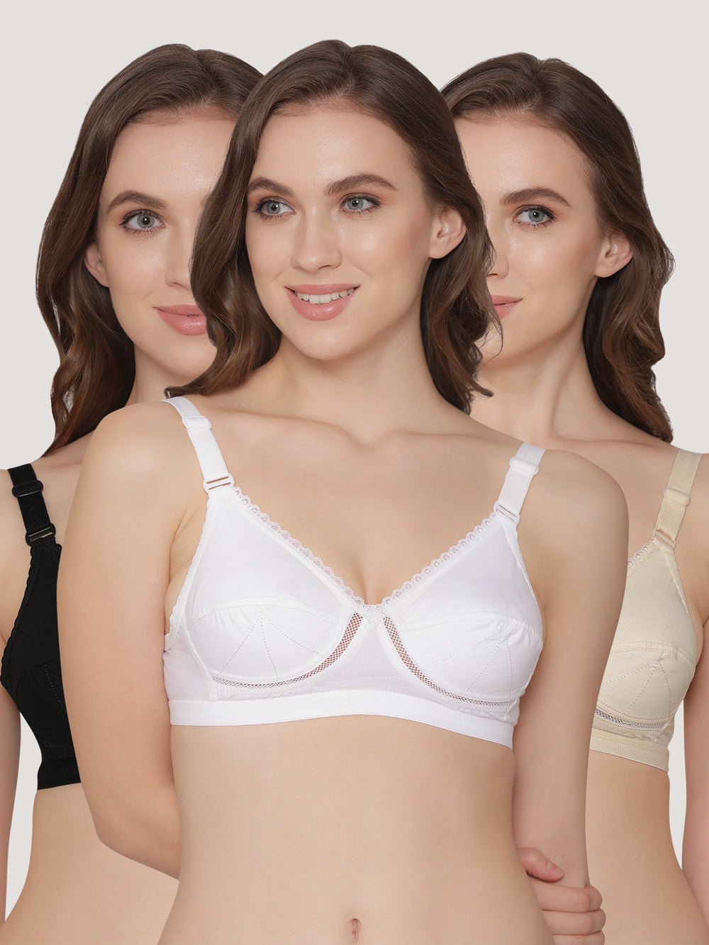 Diksha Full Coverage Double Layered Cups Everyday Bra | Pack of 3-BLACK SKIN WHITE