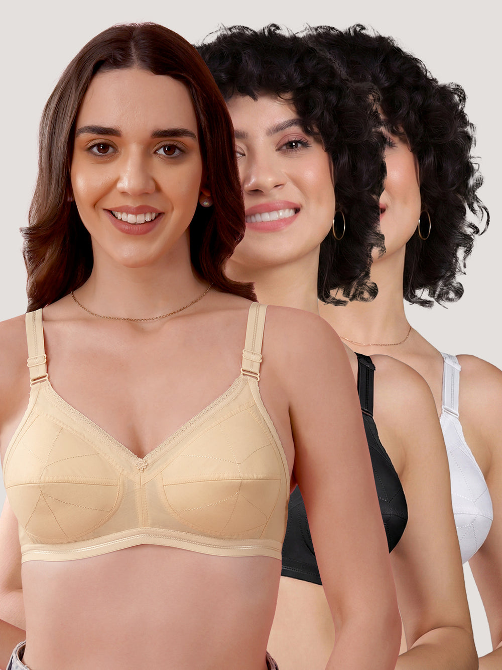 Damini Full Coverage Cotton Everyday Bra | Pack of 3-BLACK SKIN WHITE