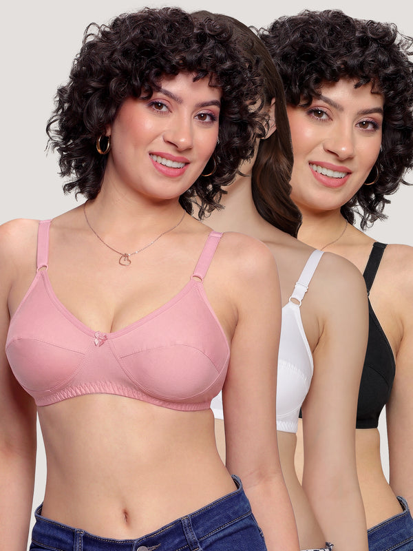 K LINGERIE Manvi Women's Non Padded Wirefree Cotton Everyday Bra- WHITE BLACK PINK