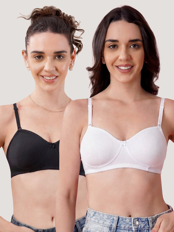 K LINGERIE Roxy Girl's Non Padded Multiway Straps Demi Cup Balconette Bra-BLACK WHITE