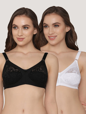 K LINGERIE Clare Women's Full Support Non Padded Delicate Lace Bra-BLACK WHITE