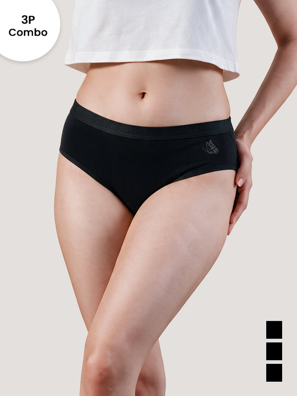 Sensa Mid-Rise Rich Cotton Hipster Panties for Women-BLACK BLACK BLACK