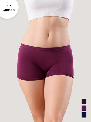 Willow High Coverage Women's Boyshort Briefs | Pack of 3-BLACK BURGUNDY NAVY BLUE