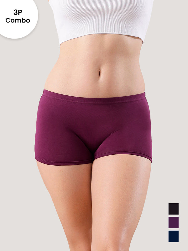 Willow High Coverage Women's Boyshort Briefs | Pack of 3-BLACK BURGUNDY NAVY BLUE