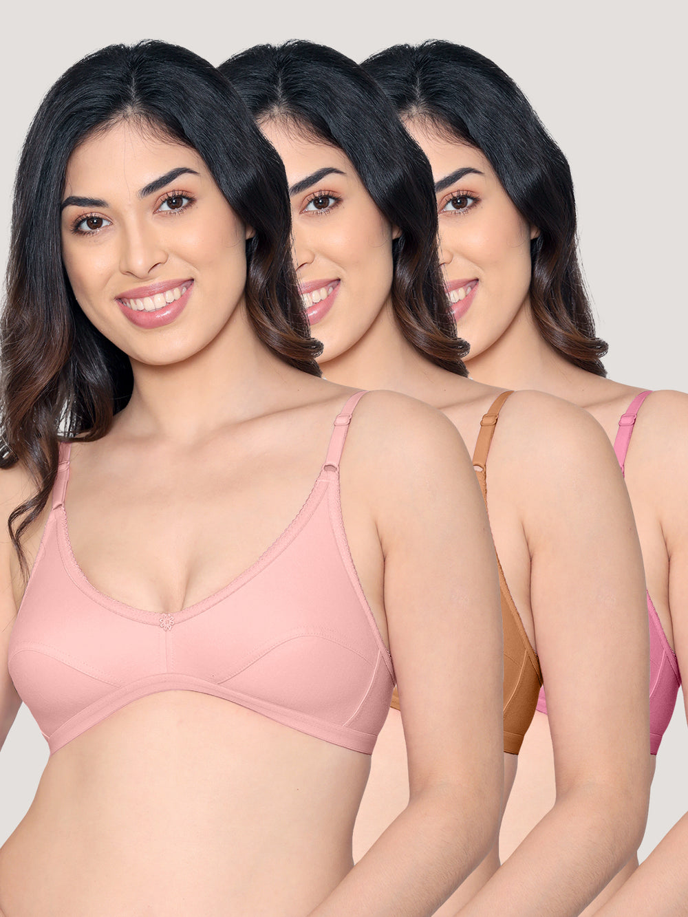 Vidhi Seamed Non-Padded Everyday Bra | Pack of 3-BLUSH CAMEL CREPE
