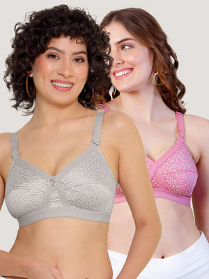 Kalyani Maxine Cross Over Front Full Coverage Cotton Minimizer Bra Pack of 2-BLUSH L.GREY