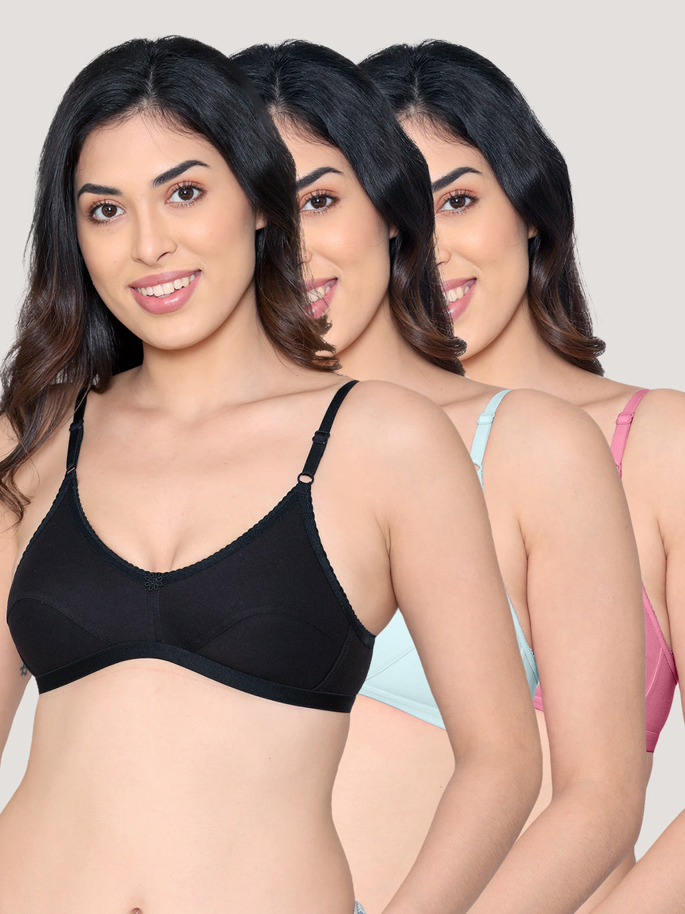 Vidhi Seamed Non-Padded Everyday Bra | Pack of 3-BLUSH SKY BLUE BLACK