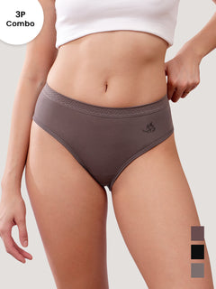 Oshiya Micro Modal Mid Rise Hipster Panty with Full Back Coverage Pack of 3 | BROWN BLACK DARK GREY