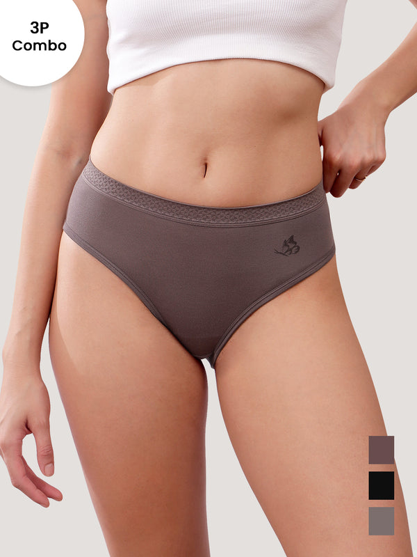 Oshiya Micro Modal Mid Rise Hipster Panty with Full Back Coverage Pack of 3 | BROWN BLACK DARK GREY