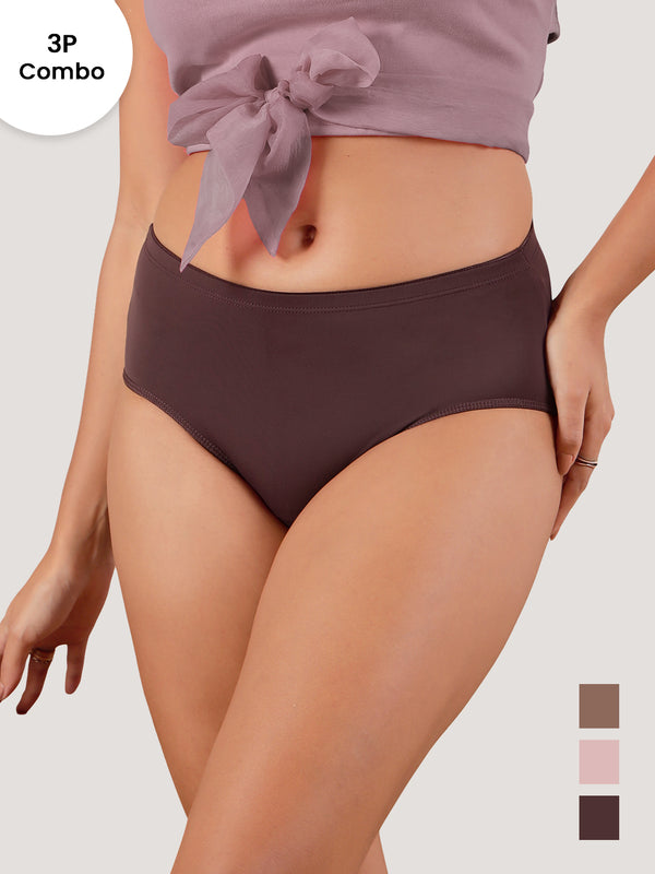 Cooper Women Super Stretchable Full Coverage High Waist Hipster Panties | Pack of 3-BROWN CREPE DARK VIOLET