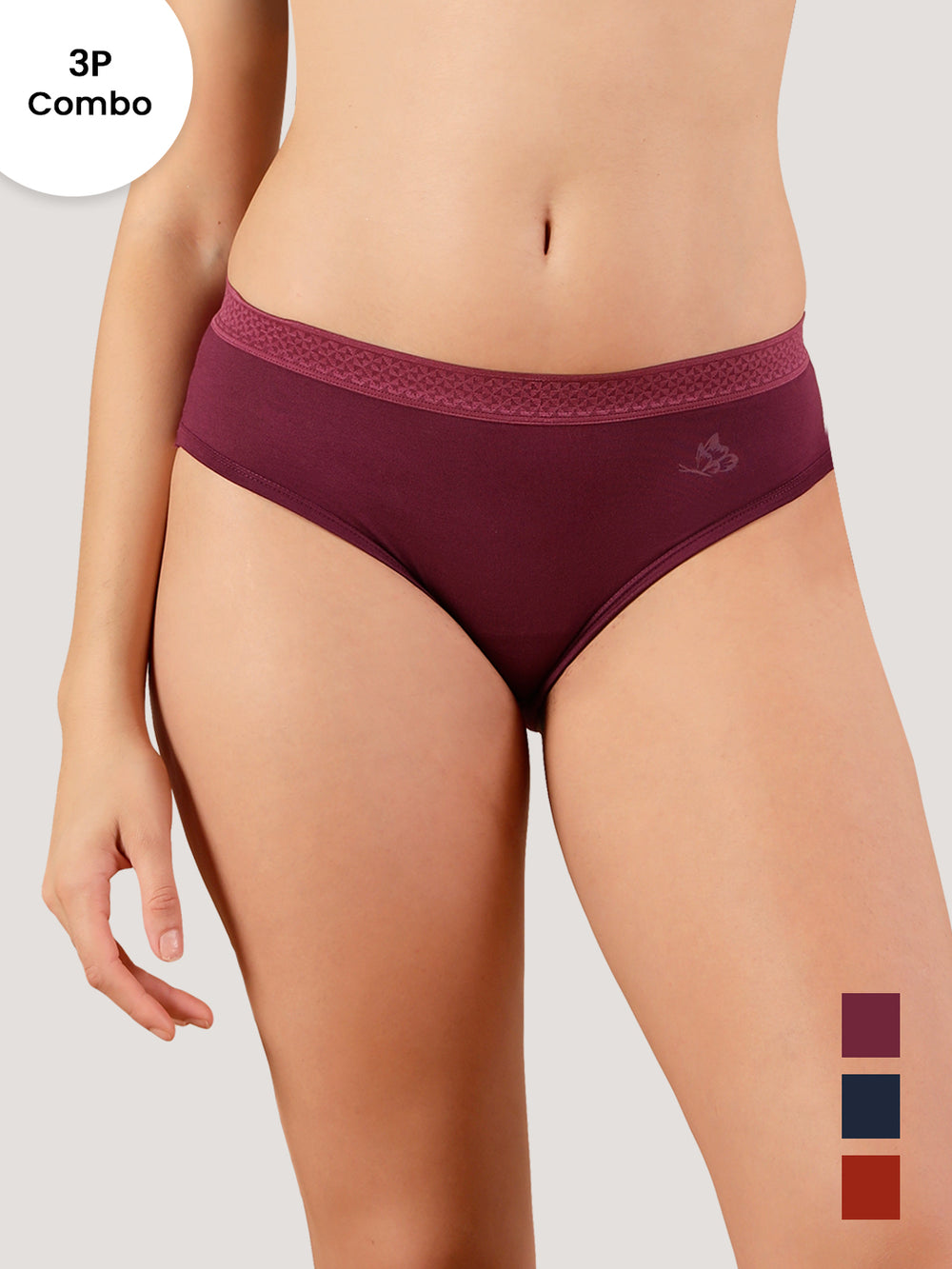 Oshiya Micro Modal Mid Rise Hipster Panty with Full Back Coverage Pack of 3 | BURGUNDY NAVY BLUE ORANGE RUST