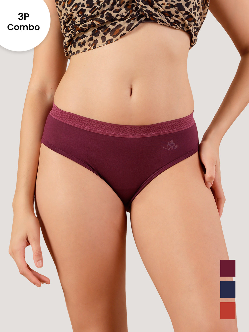 Oshiya Micro Modal Mid Rise Hipster Panty with Full Back Coverage Pack of 3 | BURGUNDY NAVY BLUE ORANGE RUST