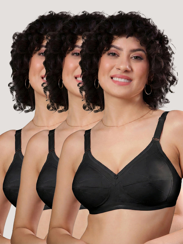 Damini Full Coverage Cotton Everyday Bra | Pack of 3-BLACK BLACK BLACK