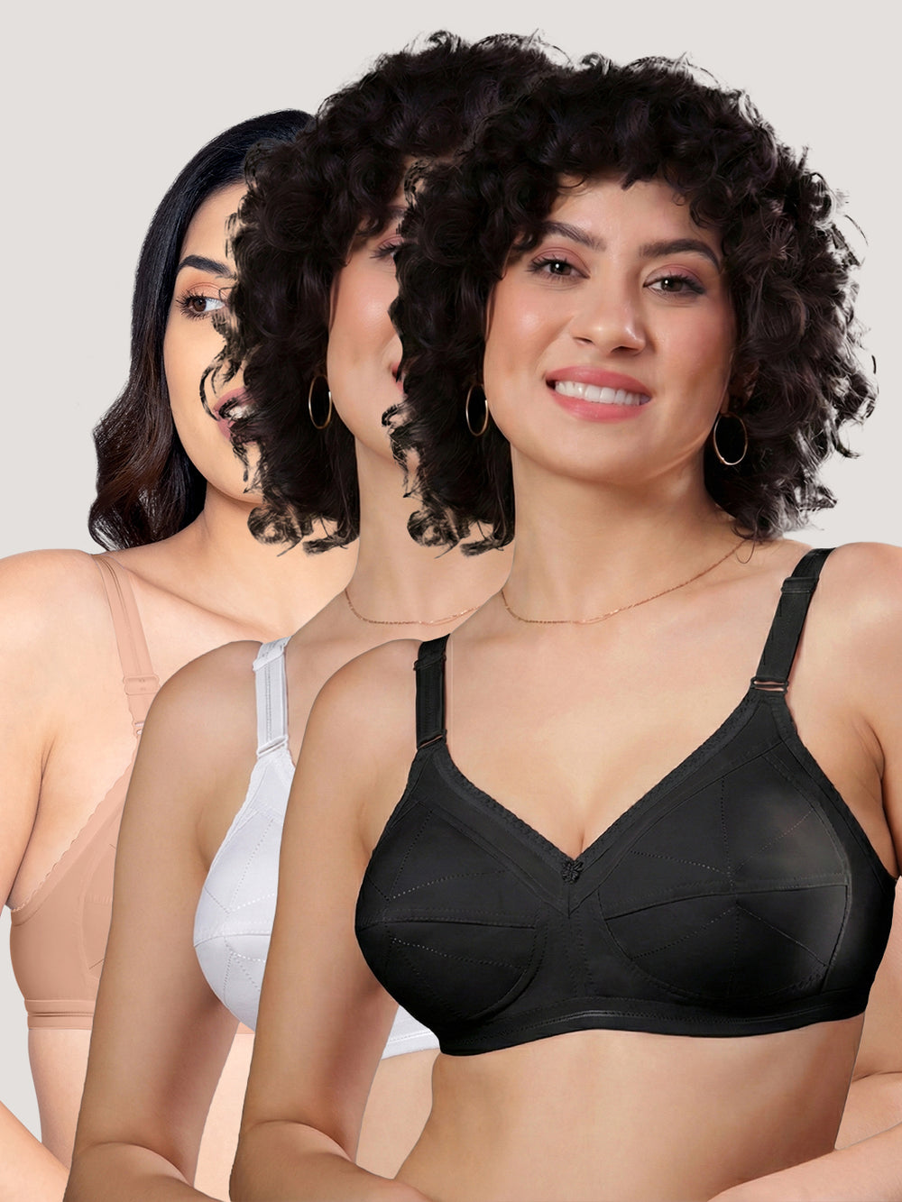 Damini Full Coverage Cotton Everyday Bra | Pack of 3-BLACK FAWN WHITE