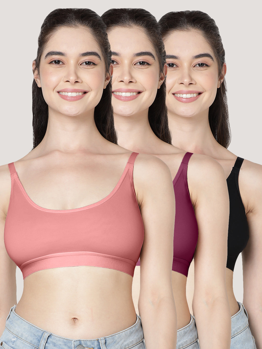 Cathy Double-Layered Slip-On Beginner Bra | Pack of 3-BLACK BURGUNDY ONION