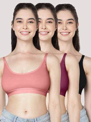 Cathy Double-Layered Slip-On Beginner Bra | Pack of 3-BLACK BURGUNDY ONION