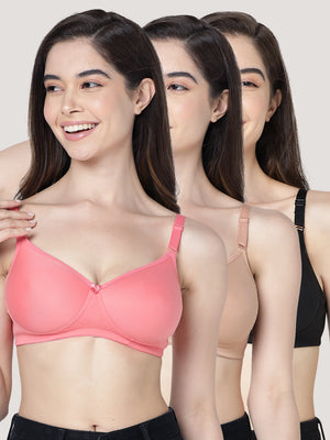 Cherry Full Coverage Lightly Padded Everyday Bra | Pack of 3-BLACK CAMEL CORAL