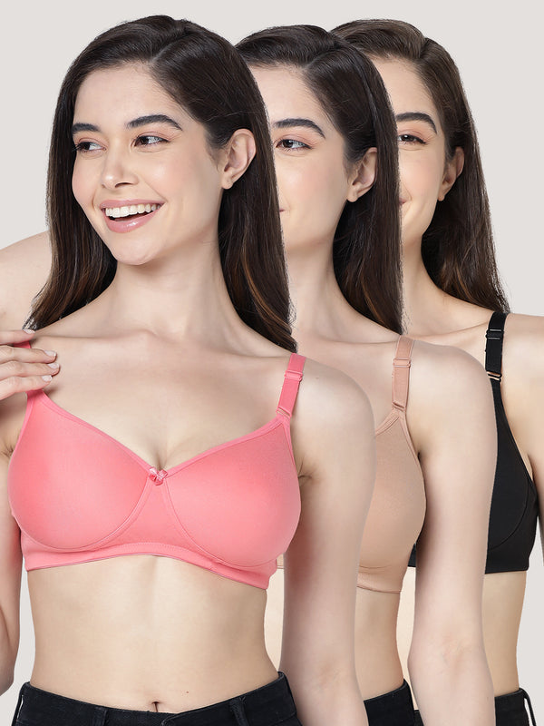 Cherry Full Coverage Lightly Padded Everyday Bra | Pack of 3-BLACK CAMEL CORAL
