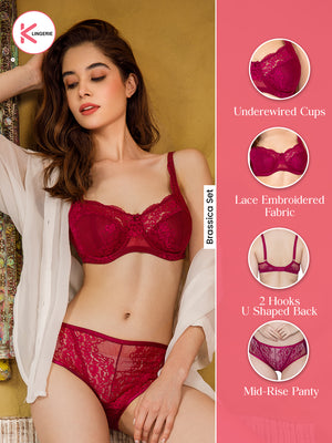 Brassica Underwired Embroidered Lace Bra Panty Set-BURGUNDY