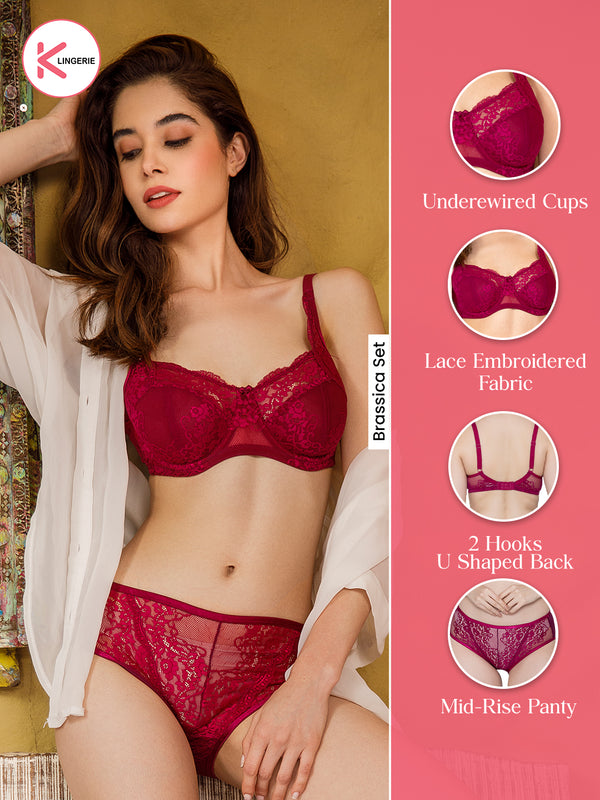 Brassica Underwired Embroidered Lace Bra Panty Set-BURGUNDY