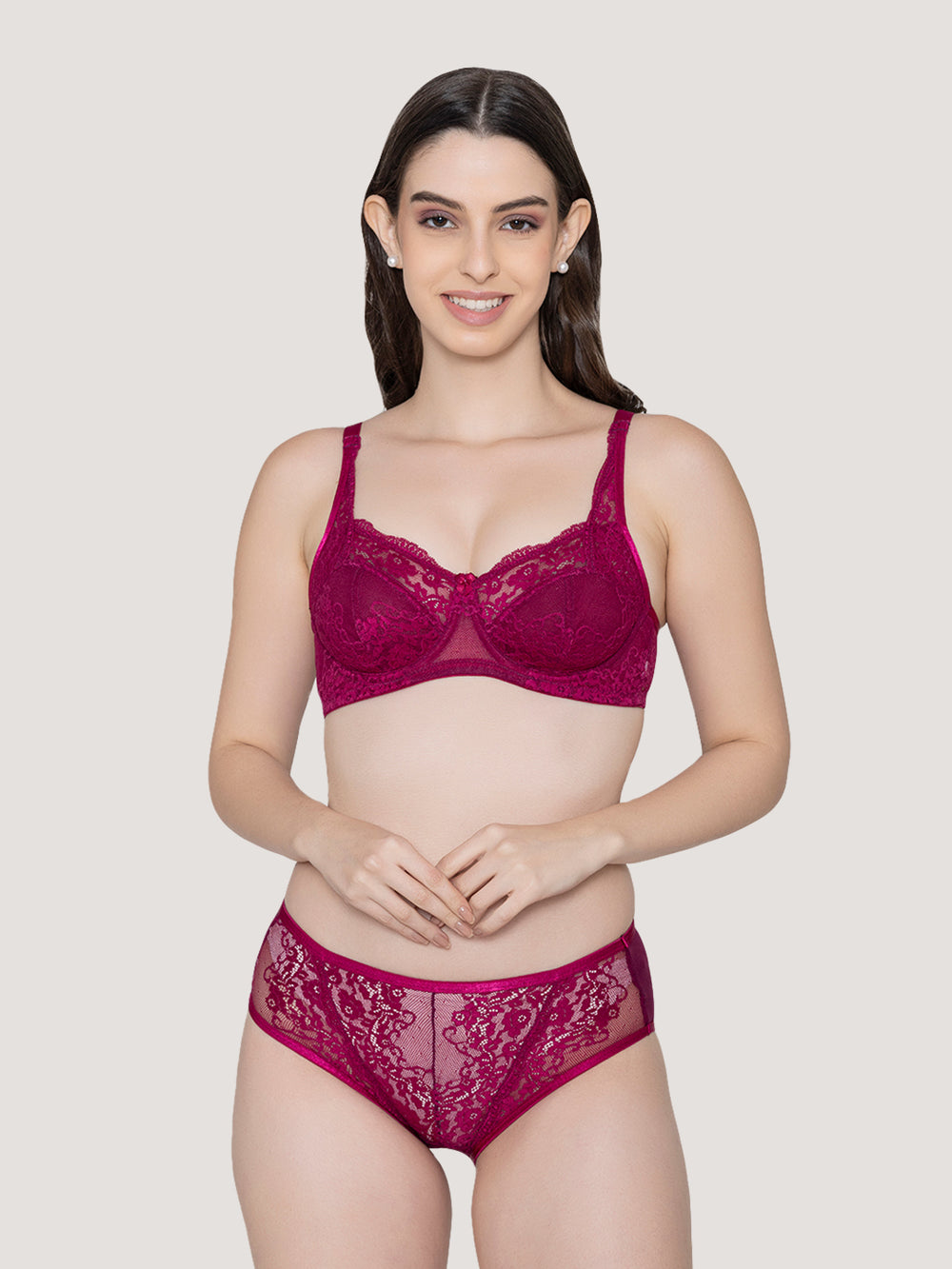 Brassica Underwired Embroidered Lace Bra Panty Set-BURGUNDY