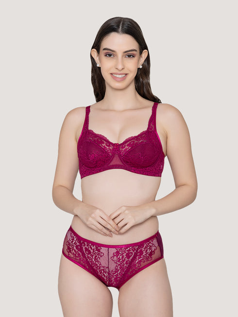 K LINGERIE Brassica Women's Underwired Cups Embroidered Lace Bra Panty Set