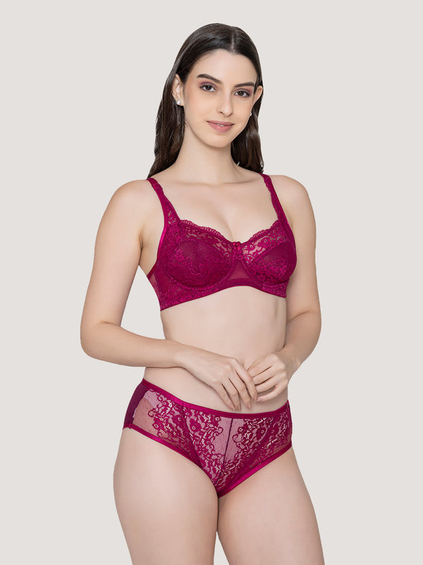 Brassica Underwired Embroidered Lace Bra Panty Set-BURGUNDY