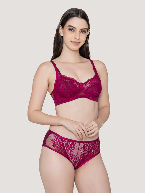 K LINGERIE Brassica Women's Underwired Cups Embroidered Lace Bra Panty Set