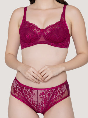 Brassica Underwired Embroidered Lace Bra Panty Set-BURGUNDY