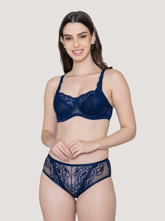 Brassica Underwired Embroidered Lace Bra Panty Set-P.BLUE