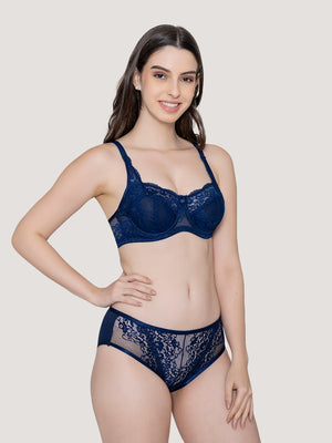 Brassica Underwired Embroidered Lace Bra Panty Set-P.BLUE