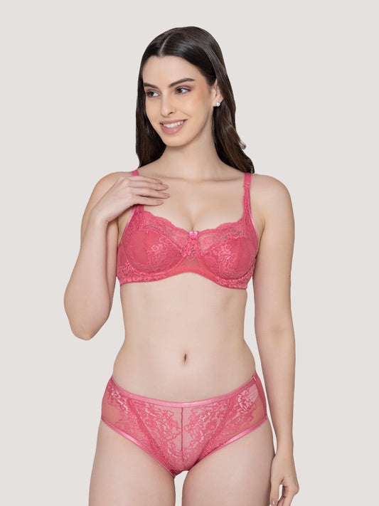 Brassica Underwired Embroidered Lace Bra Panty Set-RUST