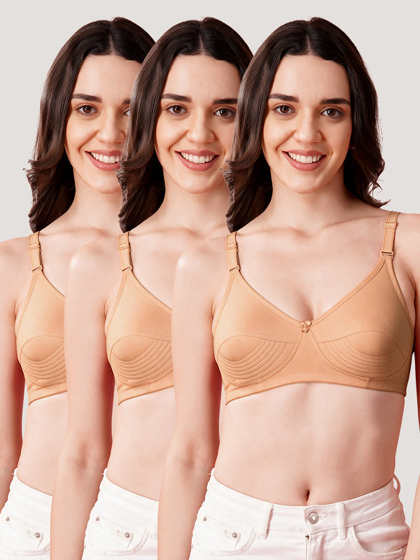 Pranika Non Padded Seamed Everyday Bra | Pack of 3-CAMEL CAMEL CAMEL