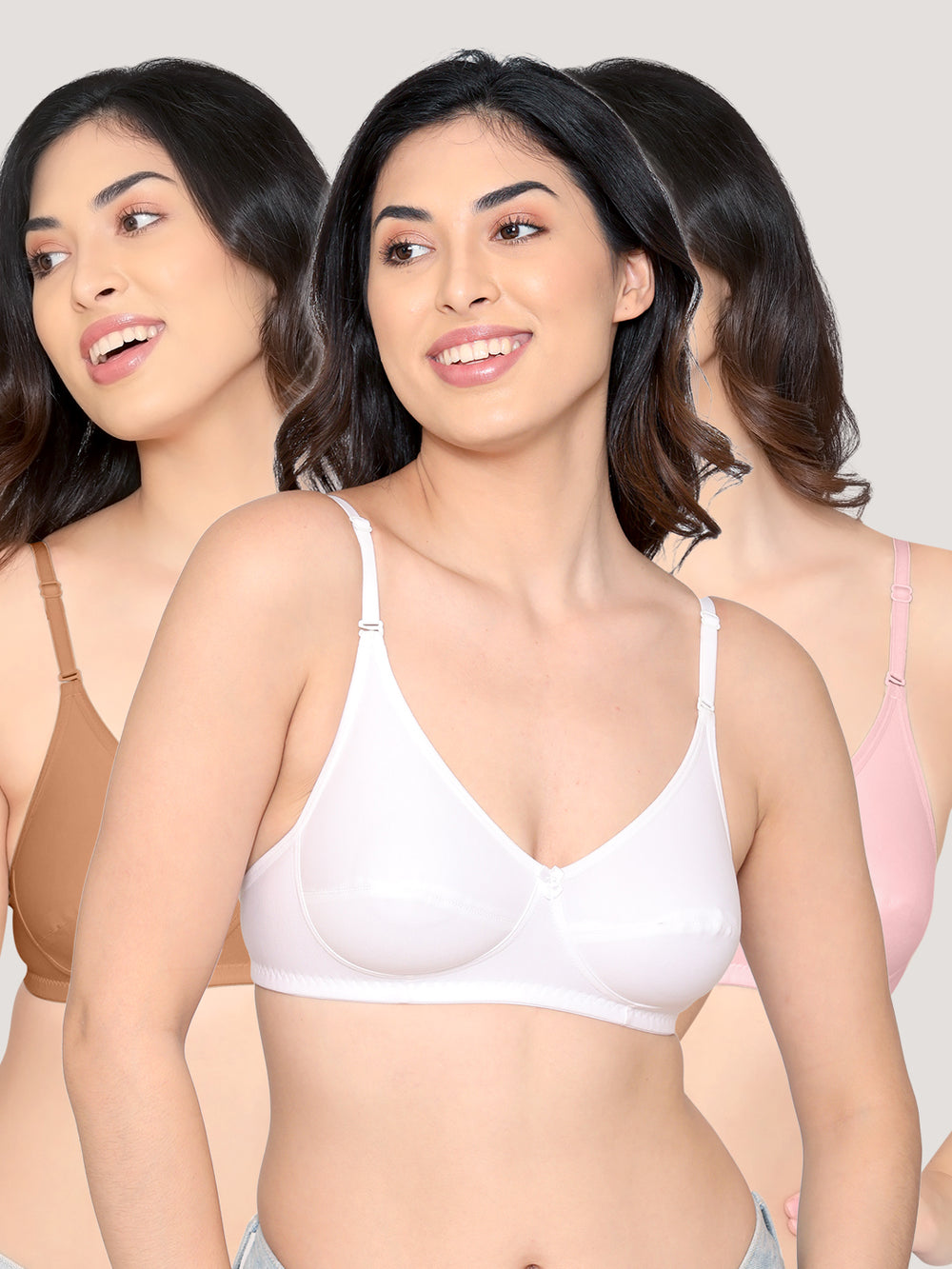 Wamika Fuller Cups Everyday Bra | Pack of 3-CAMEL L.PINK WHITE