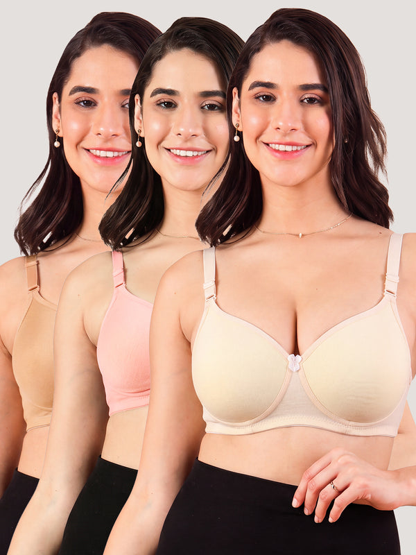 Cherry Full Coverage Lightly Padded Everyday Bra | Pack of 3-CAMEL PEACH SKIN