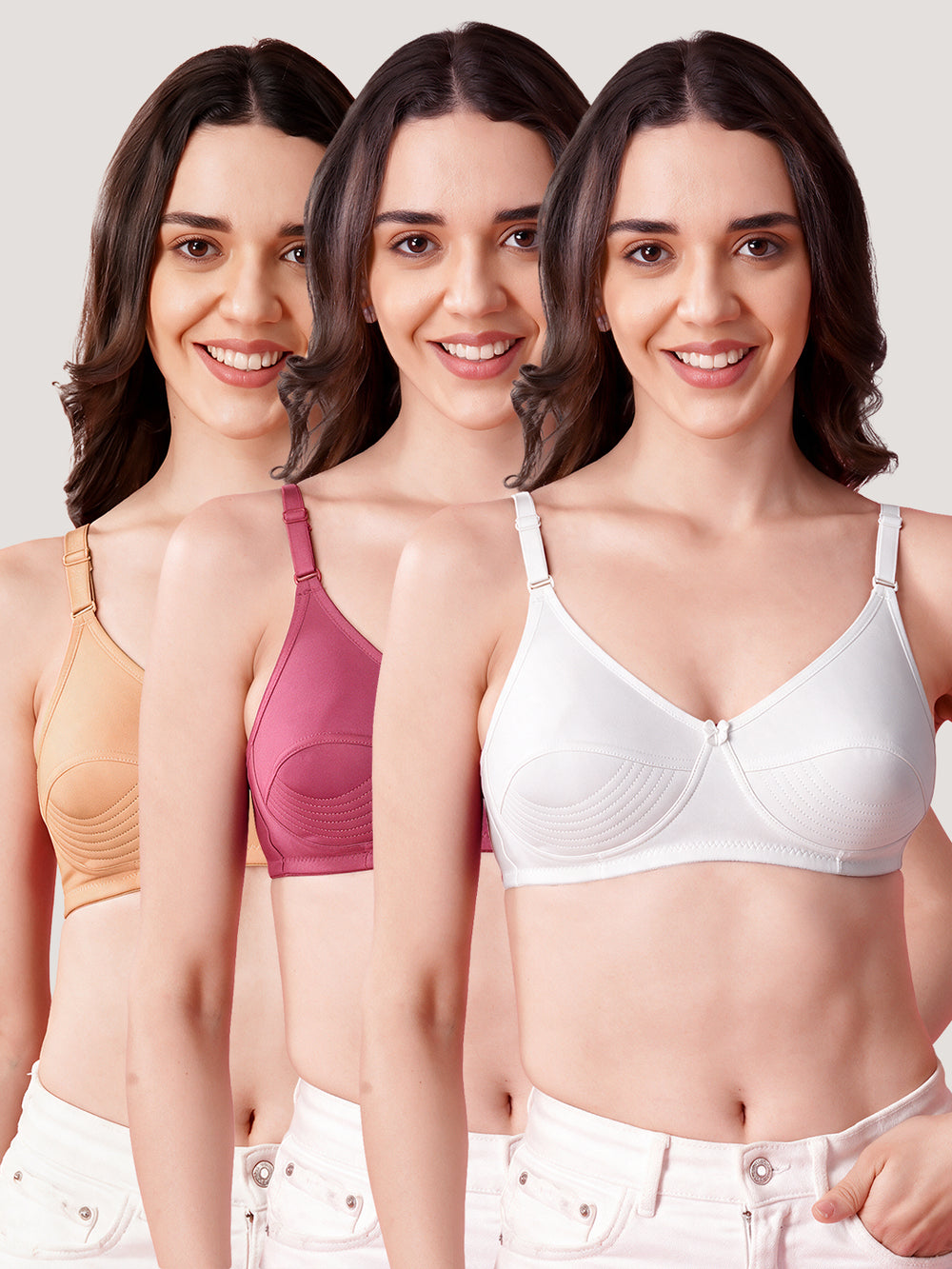 Pranika Non Padded Seamed Everyday Bra | Pack of 3-CAMEL WHITE ROSE BUD