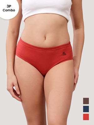 Eve 100% Cotton Mid-Waist Hipster Panties for Women | Pack of 3-COFFEE DARK BLUE ORANGE RUST