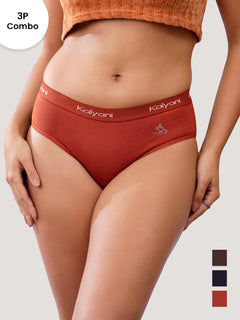 Jazzie Women Hipster Panties | Mid-Rise | 100% Cotton | Pack of 3-COFFEE DARK BLUE ORANGE RUST