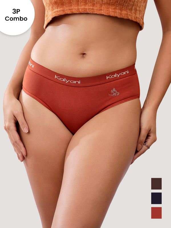 Jazzie Women Hipster Panties | Mid-Rise | 100% Cotton | Pack of 3-COFFEE DARK BLUE ORANGE RUST