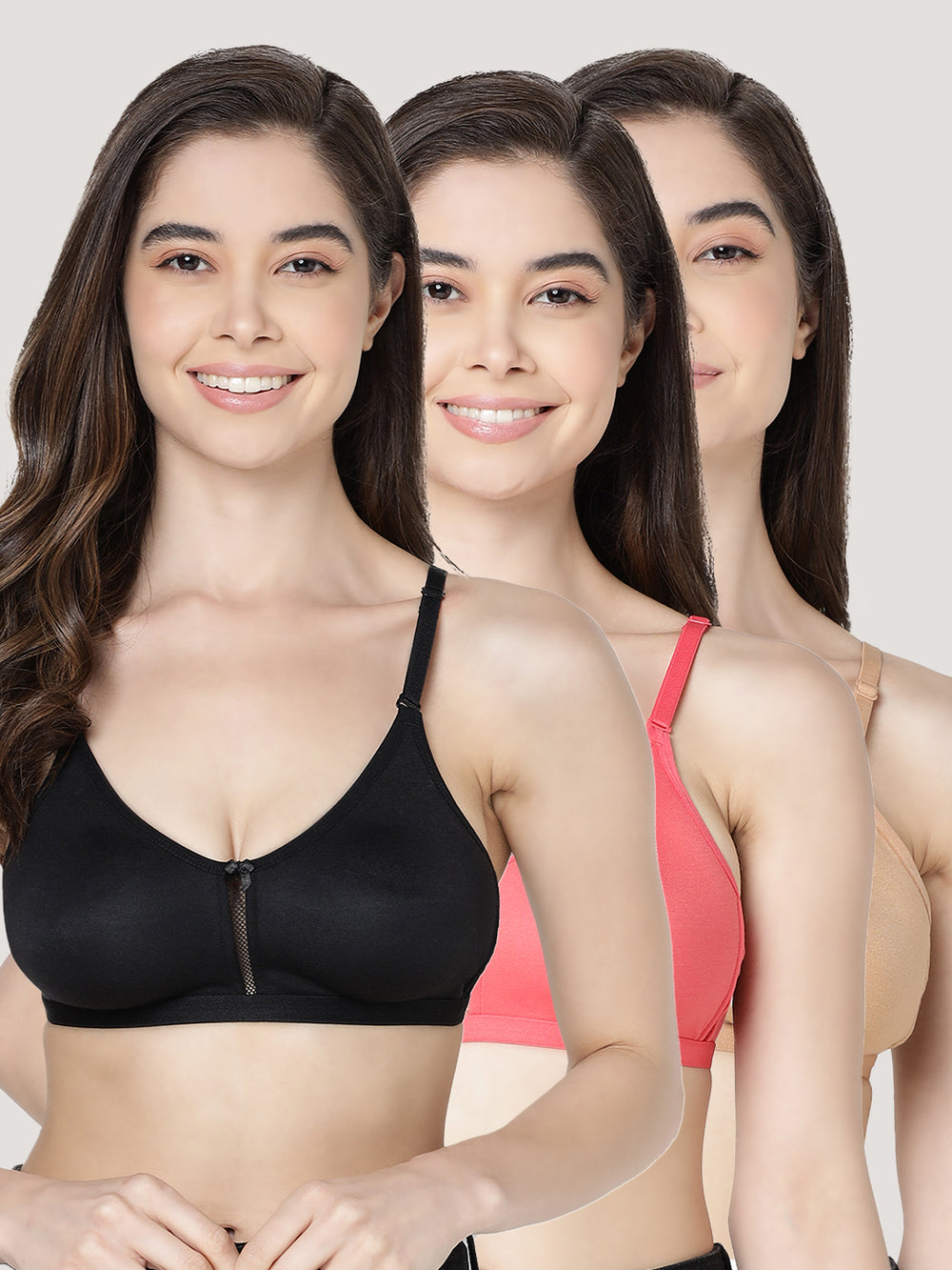 Gloria Full Coverage Double Layered Cups Everyday Bra | Pack of 3-CORAL BLACK CAMEL